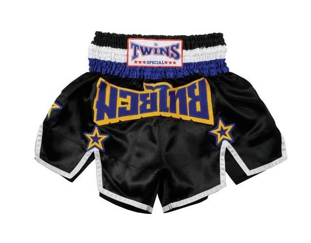 TWINS Muay Thai Shorts schwarz-blau mit coolen Einschnitten Thaischriftzug TTBL-022 / Grösse M