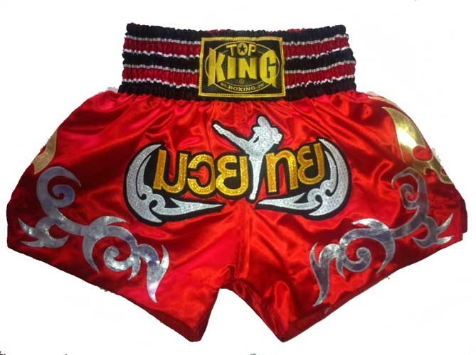 TOP KING Muay Thai Thaiboxing Shorts rot mit Tribals, Fighter und Thaischrift Gr. L