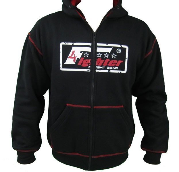 4Fighter Zip Hooded Pullover mit Reißverschluß, Taschen und Kapuze schwarz rot für Kinder