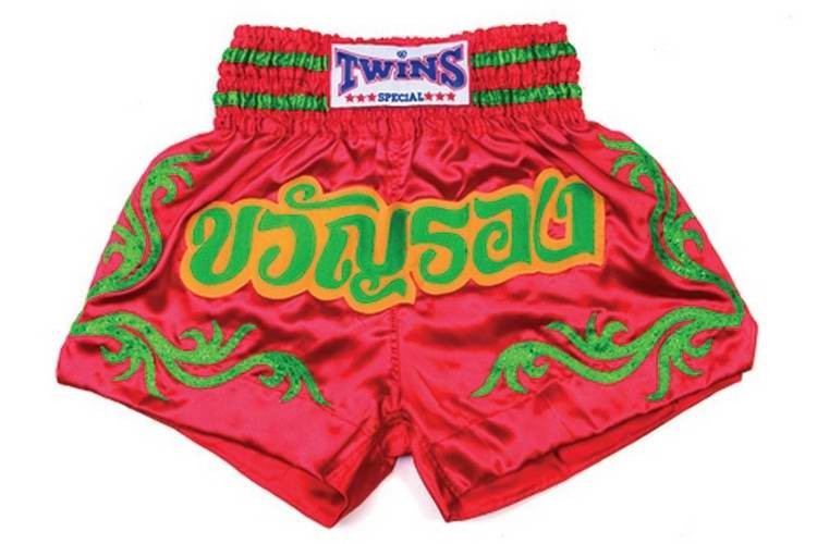 TWINS muay thai boxing Shorts rot mit grünen Tribal und Schriftzug TTBL-029 Gr S